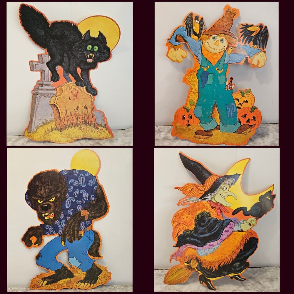4 VTG KIRK Halloween Paper Die Cut Black Cat Tombstone Witch Werewolf Scarecrow